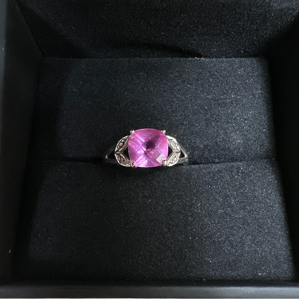 Pink sapphire ring with diamond accents in 10k white gold